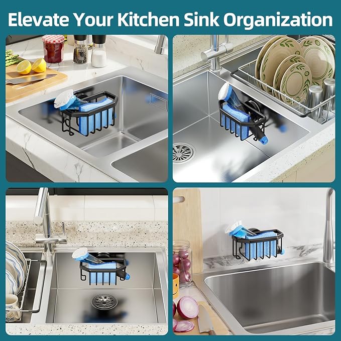 TAILI Sink Caddy with Strong Suction Cup, Sponge Holder for Sink-Black | for Kitchen Sink Organizer, Removable Sponge Caddy Inside Sink, Rustproof Aluminum Holder for Sponges, Brushes, Scrubber