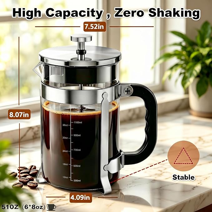 QUQIYSO French Press 51oz,Large French Press Thickened Glass Coffee Press | French Press Stainless Steel,Large Capacity Coffee Maker,Easy to Clean,4 Filter,Suitable for Party Home Office(Silver)