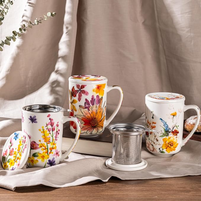 GBhome Tea Mug with Infuser and Lid,18 Ounce Ceramic Loose Leaf Cup Steeper | Lead-Free Glaze For Tea Lovers,Microwave & Dishwasher Safe with Tea Strainer