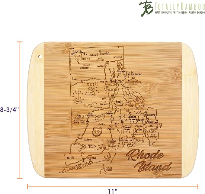 Totally Bamboo A Slice of Life Rhode Island Engraved Map Cutting Board | 11” x 8.75” charcuterie board with engraved state map artwork. Smooth reverse side for food prep. Hang tie for wall display.