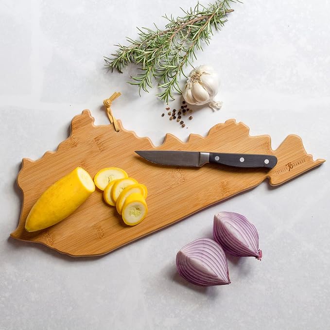 Totally Bamboo Kentucky State Shaped Cutting Board, Art by Fish Kiss | State charcuterie board with colorful hand-drawn map artwork. Smooth reverse side for food prep. Hang tie for wall display.