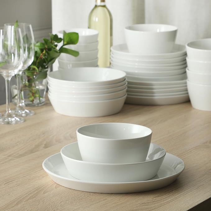 Martha Stewart Selma Plates and Bowls Sets, 30-Piece Porcelain Dinnerware Set for 6, White Dish Set with Dinner Plates, Dessert Plates, Pasta Bowls, Cereal & Fruit Bowls