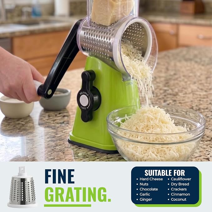 ICO Rotary Cheese Grater with Handle – Manual Vegetable Slicer & Round Shredder – 3 Interchangeable Stainless Steel Blades for Cheese, Nuts, Chocolate – Strong Suction Base Kitchen Mandoline