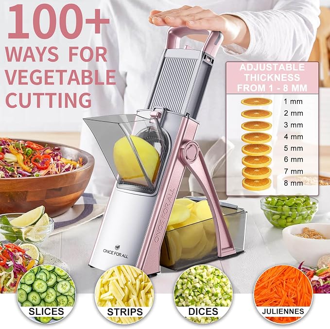 ONCE FOR ALL Safe Mandoline Slicer Plus, Bigger Size, Kitchen Slicer, Pink | 0.1-8mm Adjustable Kitchen Mandoline Slicer, Vegetable Food Chopper, Stainless Steel, Detachable Blade, Dishwasher-safe, Gift