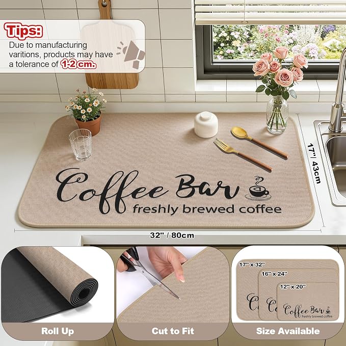 Findosom Dish Drying Mat, 17"x 32" Super Absorbent & Hide Stain Coffee Mat, Cuttable Drying Mat for Kitchen Counter, Coffee Bar Accessories, Under Dish Rack, Coffee Maker, Espresso Machine, Linen