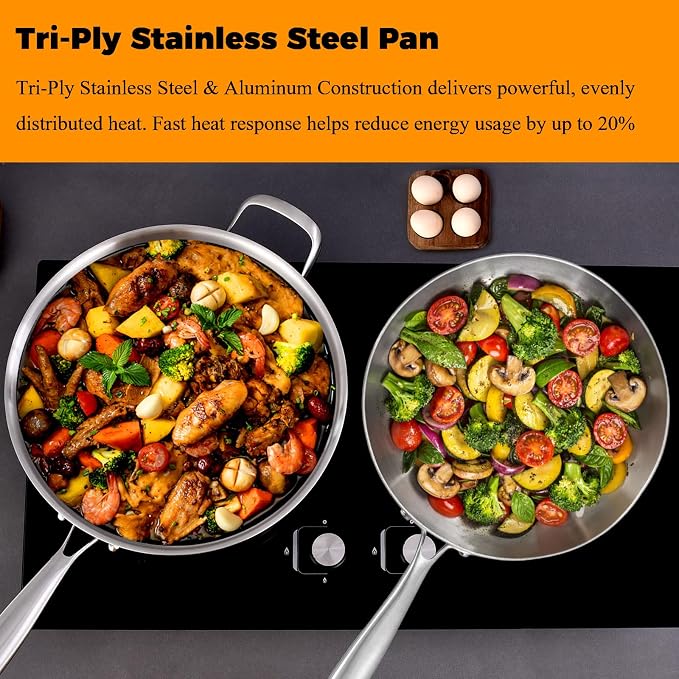 Inqibee 10" Skillet & 6 QT Saute Pan with Lid, Tri-ply Stainless Steel Set | Deep Frying Pan Cookware, Detachable Handle, PFOA & PFOS Free, Jumbo Cooker, Induction Cooking Pan, Dishwasher & Oven Safe