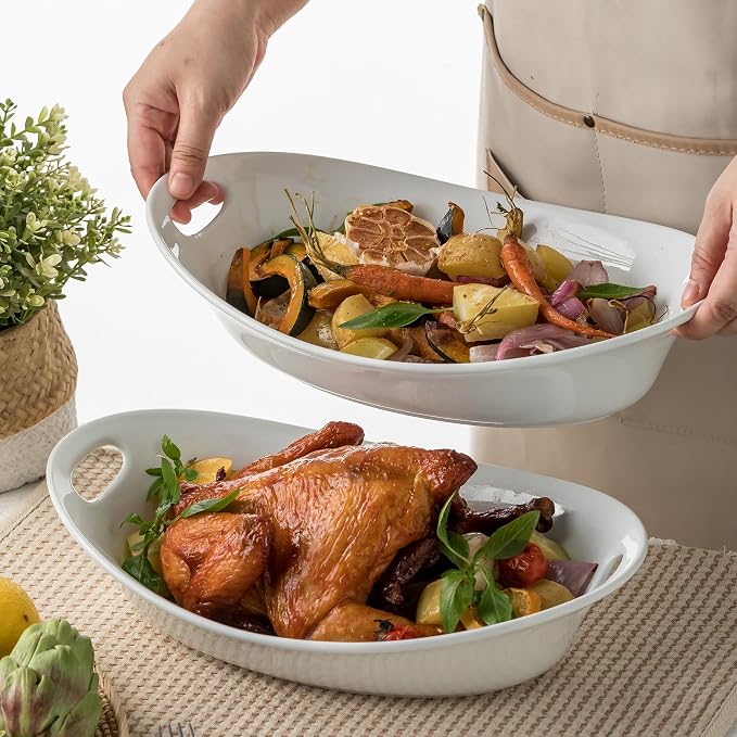 YHOSSEUN Large Serving Bowl with Handles, Oval Serving Platter Set of 2 | Thanksgiving Serving Dishes for Entertaining, Ceramic Salad Bowls Set, 1.5 Quarts, White, Microwave Dishwasher Oven Safe