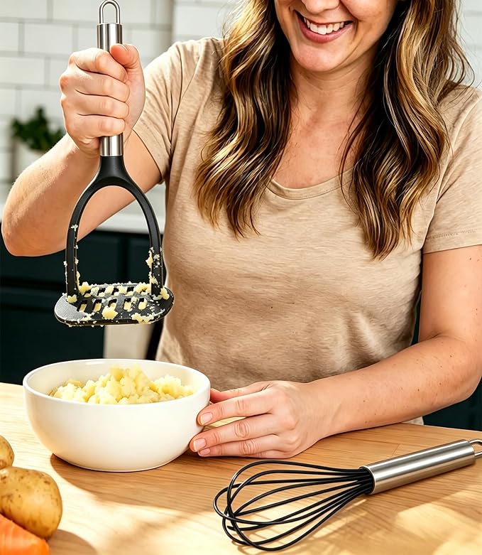 Large Silicone Cooking Utensils Set, 10Pcs Nonstick Kitchen Utensil Set with Stainless Steel Handle, BPA Free Spatula Set with Turners Spoon Ladle Skimmer(Black/Silver)