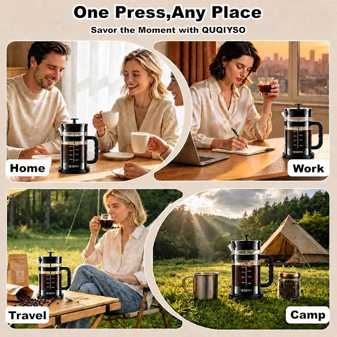 QUQIYSO French Press Coffee Maker 51oz, Large French Press, Thickened Glass | Borosilicate Glass Plastic Free Coffee Maker, Easy to Clean,4 Filter, Coffee Press Suitable for Kitchen Party(Dark Pewter)