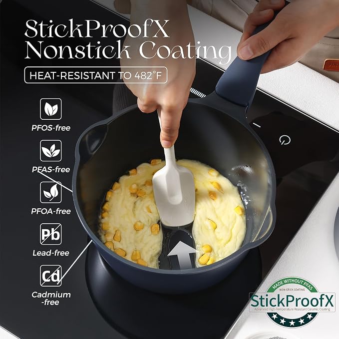 PRICUSIS Ceramic Nonstick Saucepan with Lid, 2 Quart Non Toxic Pot with Pour Spouts, Full Coated, 100% Dishwasher Safe, Induction Compatible, PTFE PFAS & PFOA Free, Blueberry Mist