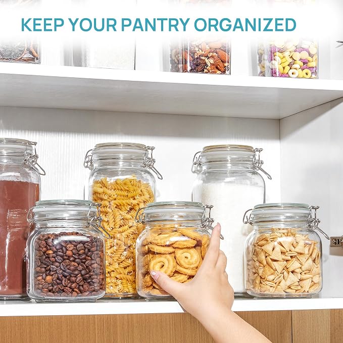 Vtopmart 34oz Glass Food Storage Jars with Airtight Clamp Lids, 3 Pack | Kitchen Canisters for Flour, Cereal, Coffee, Pasta and Canning, Square Mason Jar with 8 Chalkboard Labels