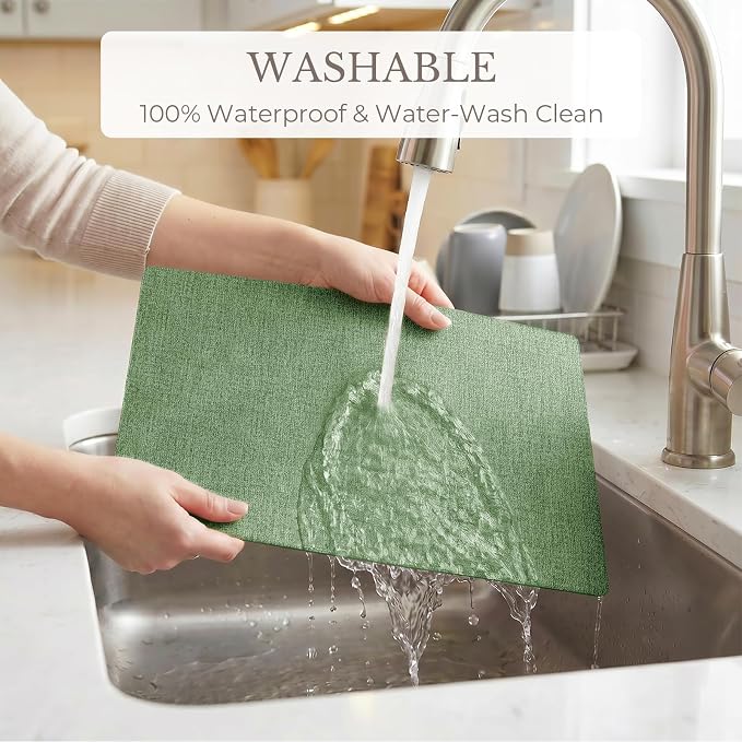 Romanstile Vinyl Placemats Set of 6-12 X 17 Inch - Faux Leather 100% Waterproof Wipeable Anti Slip Place Mats, Heat Resistant Reversible PU Table Mats for Kitchen Dining Party Outdoor, Dark Green