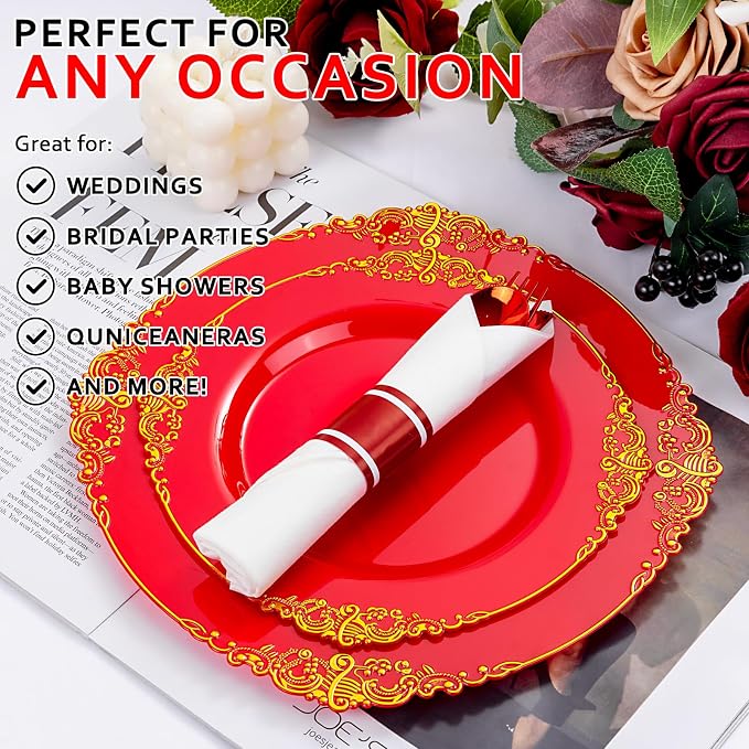 400PCS Pre Rolled Red Plastic Silverware Sets Heavy Duty for Wedding | Individually Wrapped Utensils, 100 Guests, Durable and Sturdy, BPA free, Includes Matching Napkins, for Festive Events