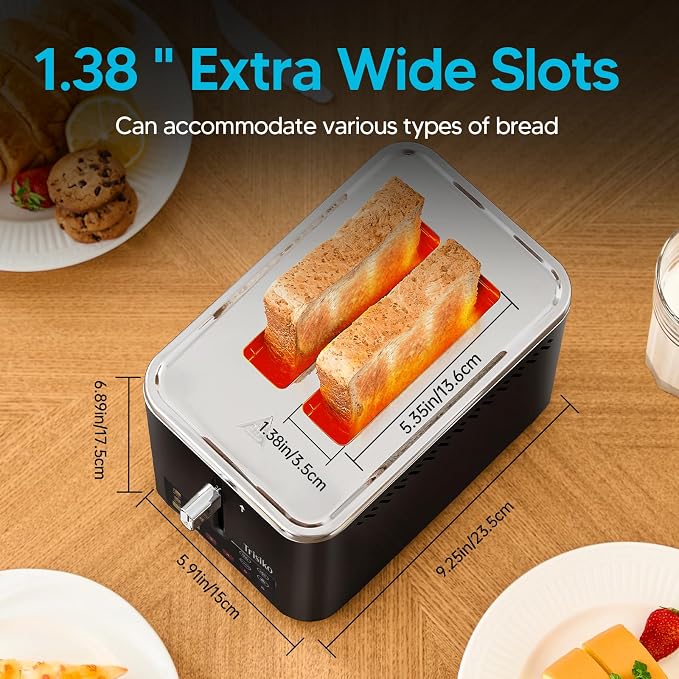 Smart Touch Screen 2 Slice Toaster, Wide Slot,Black | 900W digital toaster with 6 shade levels, bagel, defrost, reheat, cancel, crumb tray, and cord wrap for small kitchens