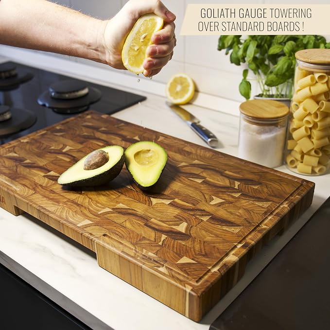 Teak Wood Cutting Board for Kitchen, End Grain Extra Thick Butcher Block | 20 x 12.2 Inch (ExtraThick 1.7") Professional Heavy Duty Hardwood Non Toxic Wooden Chopping Board (Oil & Plate Included)