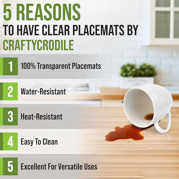 CraftyCrocodile Clear Plastic Placemats Set of 8 - Vinyl Table Protector for Dining, Kitchen, Office, Painting Table, Shelves - Heat Resistant, Crystal Clear, Wipeable Place Mats - 17.5x12