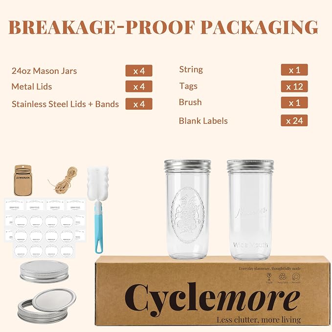 CycleMore 24oz Embossed Glass Mason Jars – Set of 4 | Vintage Style Canning Jars With One-Piece & Stainless Steel Split Lids, BPA-Free & Durable. Dishwasher Safe. Non-Slip Grip.