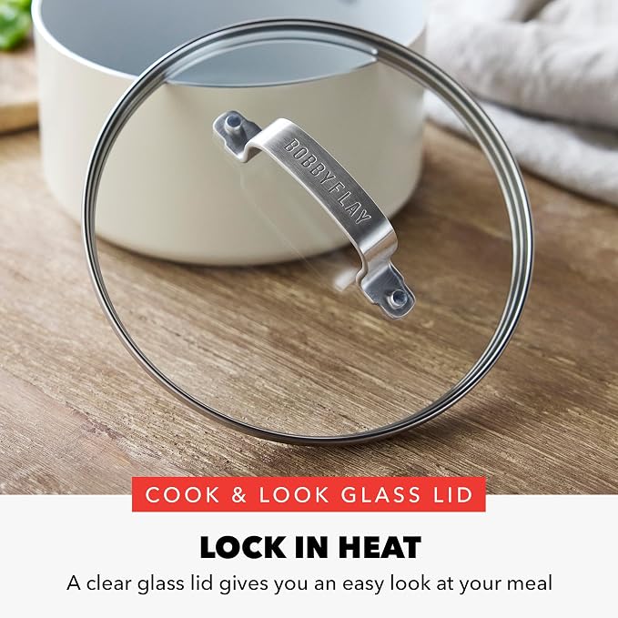 GreenPan x Bobby Flay 2.5QT Ceramic Nonstick Saucepan with Glass Lid, Cream | PFAS-Free Diamond Ceramic Nonstick Chef Pan, Silicone Handle, Induction & All Stovetop Compatible, Dishwasher and Oven Safe