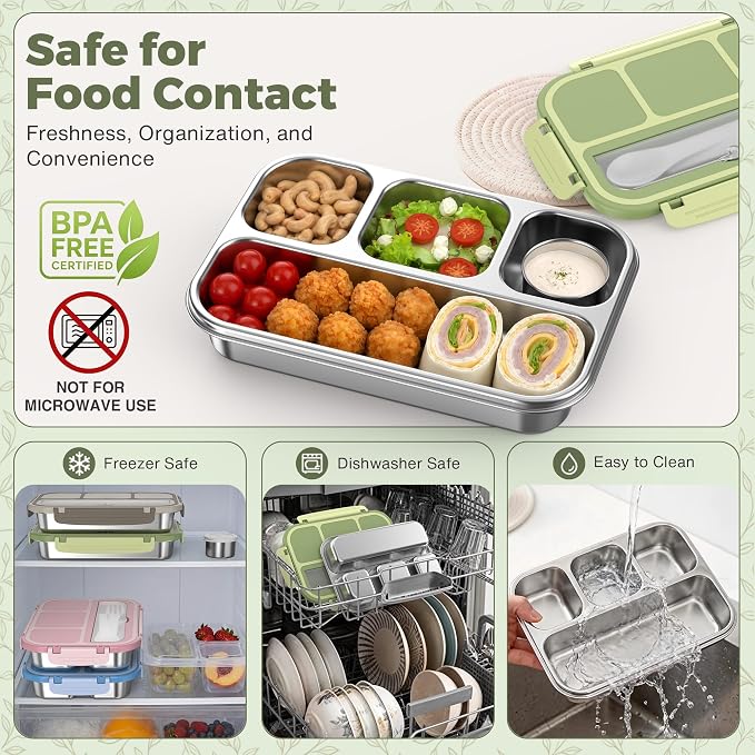 Stainless Steel Bento Box Adult Kids, Leakproof Metal Lunch Box Containers 4 Compartments, 32 Oz Reusable Food Storage Containers for Office and School, Green