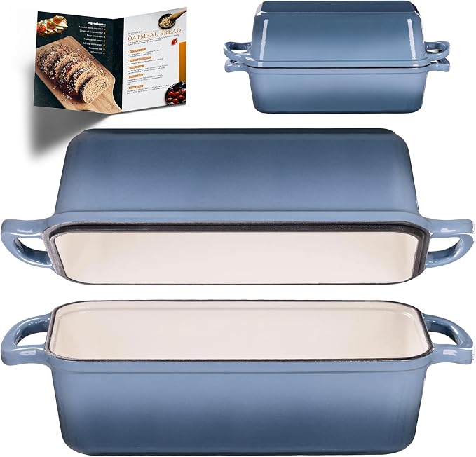 11x5 Inch Cast Iron Loaf Pan with Lid, Sourdough Bread Baking | Large Loaf Pans for Baking Bread, Even Heat Distribution Dutch Oven Bread Pan for Homemade Bread, Meatloaf (5.8Qt, Seasalt)