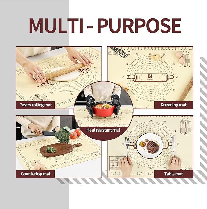 Silicone Baking Mat, Extra Thick Dough Rolling Pad with Measurements and Edge Heightening, Non-stick Food Grade Silicone Pastry Mat for Pastry, Bread, Cookies (Beige Edge Up, 20"L x 28"W)