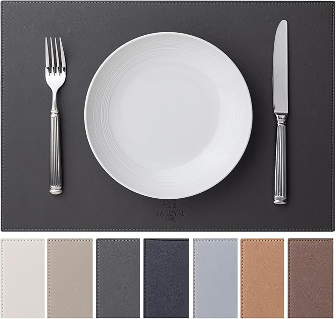 Baroyal Faux Leather Placemats Set of 12 Vinyl Washable Wipeable Table Mats for Kitchen Dining Table Heat Resistant Waterproof Modern Indoor/Outdoor Placemats Non-Slip Easy Clean Place Mats -Dark Gray