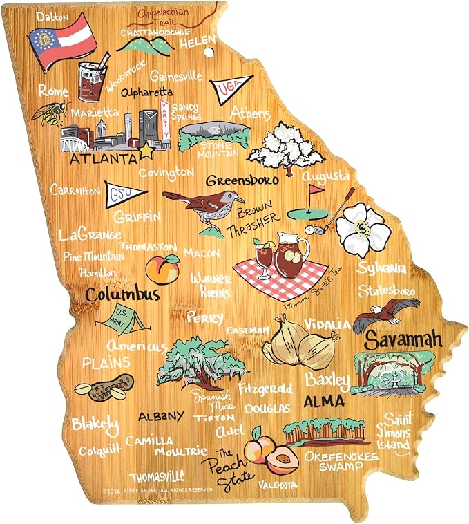 Totally Bamboo Georgia State Shaped Cutting Board, Art by Fish Kiss | State charcuterie board with colorful hand-drawn map artwork. Smooth reverse side for food prep. Hang tie for wall display.