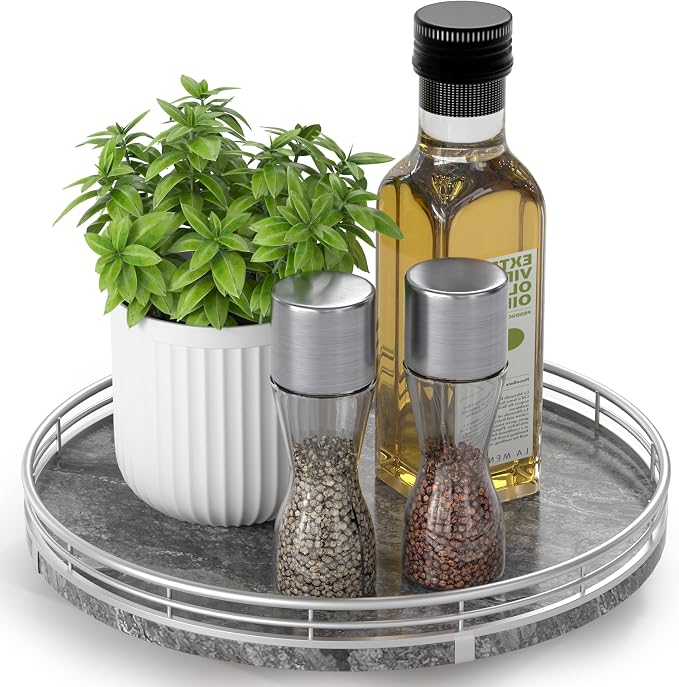 AHM10-Inch Gray Marble Lazy Susan with Silver Iron Frame | Smooth rotating oak tray with walnut finish for dining tables, kitchen counters, pantries and cabinet storage.