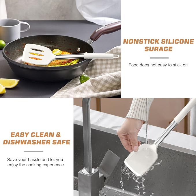 TeamFar Kitchen Utensils, 4 PCS Silicone Cooking Utensils Spatula Spoon Set | with Stainless Steel Handle, for Frying Mixing Draining Turning, Healthy & Heat-proof, Non-stick & Dishwasher Safe - White