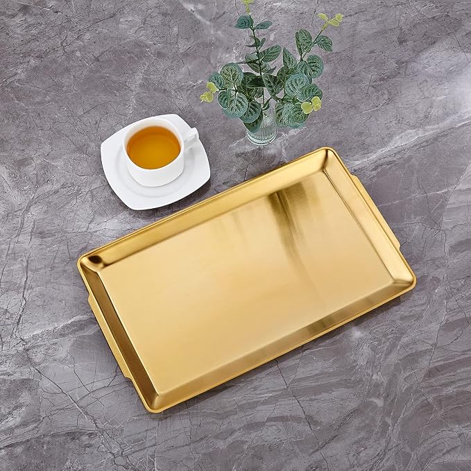 15.8" x 9.5" Large Serving Platters Set of 2, Stainless Steel Heavy-Duty Large Serving Trays, Gold Rectangular Plates for Food, Fruit, Party, Wedding, Christmas, Chip and Scratch Resistant