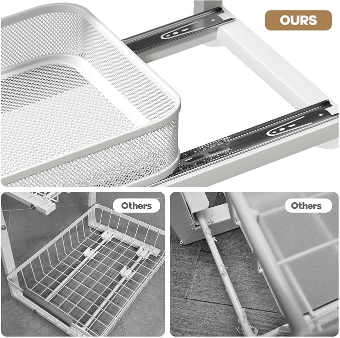 2-Pack 18.5 IN Depth Under Sink Organizer With Next-Gen Ball-Bearing Slides,Sophisticated Mesh 2-Tier Pull Out Shelf for Kitchen & Bathroom,Fits Small Items-White(Patented)