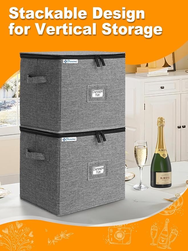 punemi Champagne Flute Storage Container, 2-Pack Hard Shell Wine Glass Box | Hard shell top, bottom and sides with dividers, stackable design for champagne flutes, white wine glasses and stemware