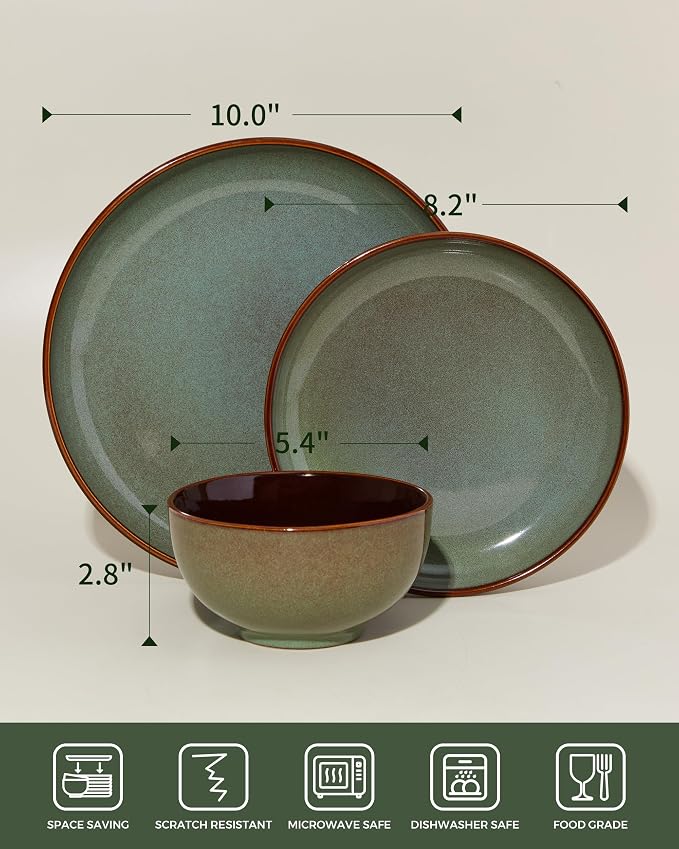 36 Piece Stoneware Dinnerware Sets, Ceramic Plates and Bowls Set, Microwave & Dishwasher Safe Kitchen Dish Set, Modern Dinner Salad Plates | Cereal Bowls for 12, Dishware Sets Sage Green