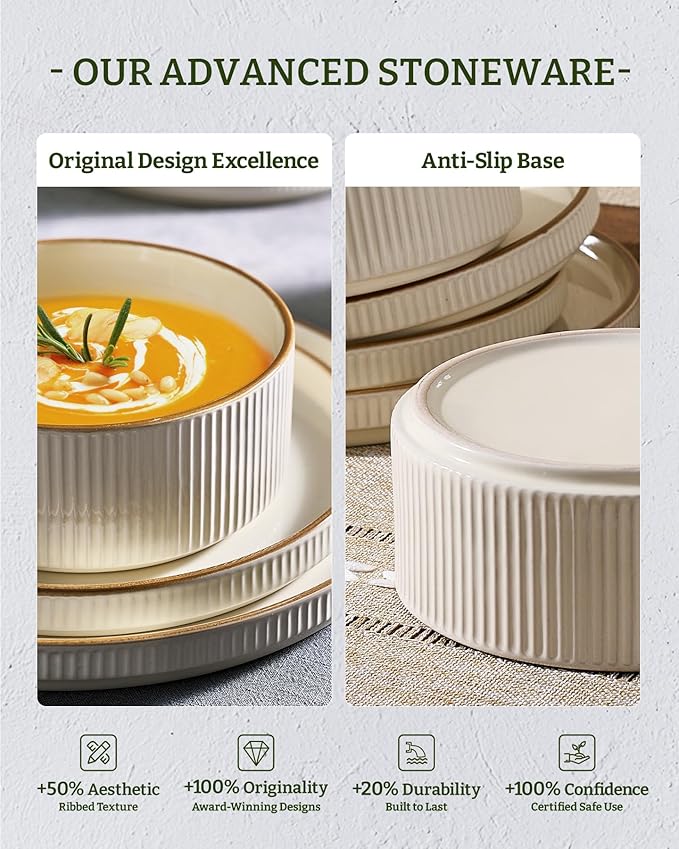 Famiware Dinnerware Set with Mugs, Creamic Plates and Bowls, Dishes for 6 | 24-Piece Stoneware Dinner Set, Chip & Scratch Resistant, Microwave & Dishwasher Safe, Everyday & Formal Dining, Cream