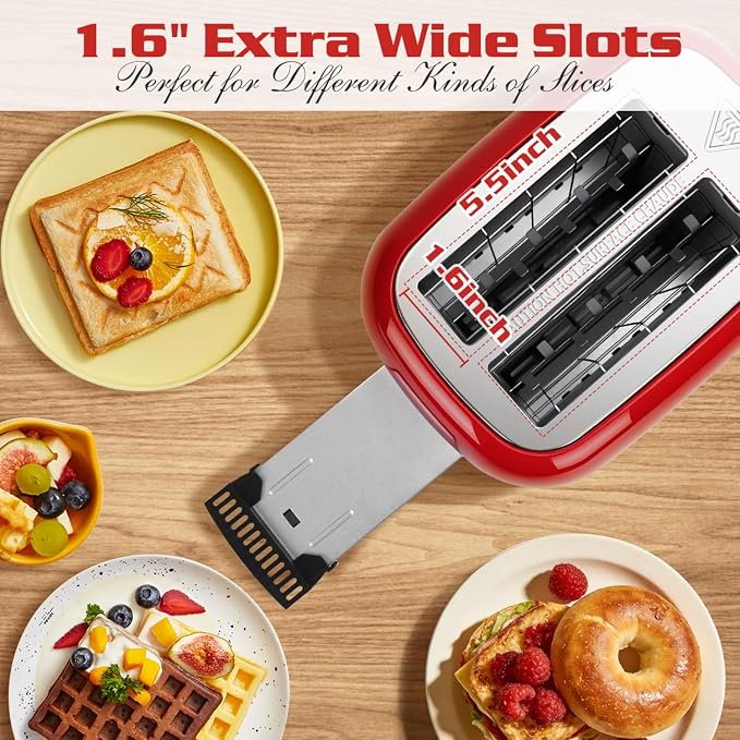 Aigostar Toaster 2 Slice, Retro Extra-Wide Slot, Red | Best Rated Prime, For Toasting Bagels, Breads, Waffles & More, Cancel, Defrost & 6 Browning, Removable Crumb Tray