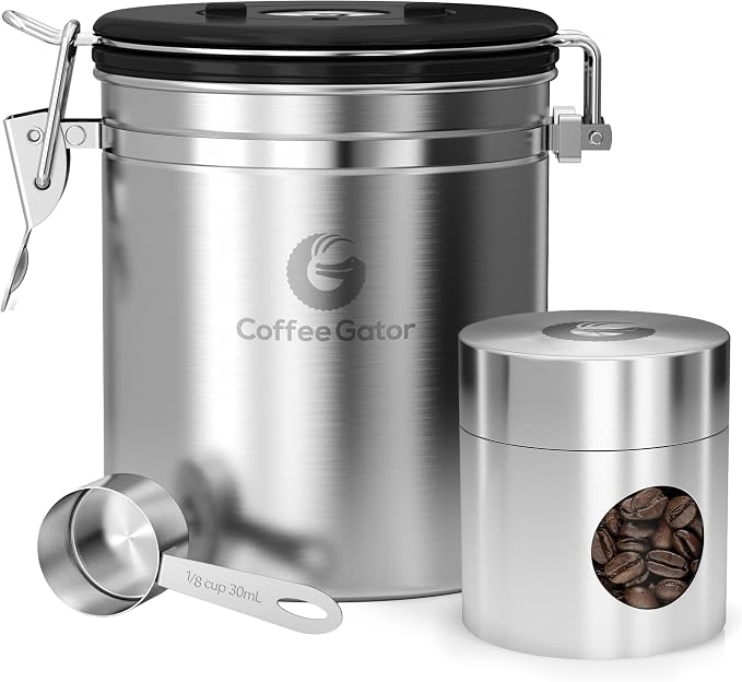 Coffee Gator Coffee Canister – 6” Stainless Steel Airtight Coffee Containers for Ground Coffee w/ Date Tracker, Co2-Release Valve, Measuring Scoop & Travel Jar - Medium, Silver