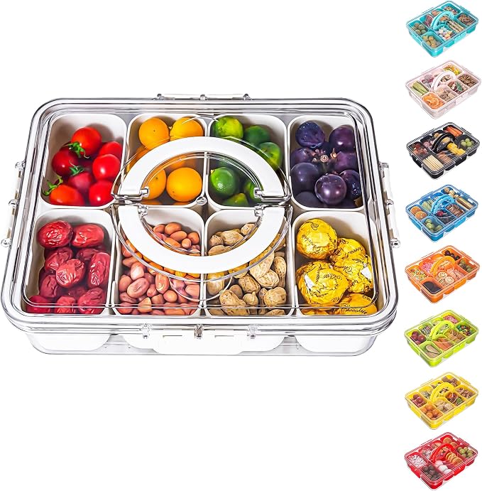 Dingerjar Divided Serving Tray with Lid and Handle - Snackle Box Charcuterie Container for Portable Snack Platters - Clear Organizer for Candy, Fruits, Nuts, Snacks - Perfect for Party, Entertaining