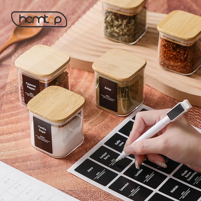 12Pcs 4oz Small Spice Empty Jars with 275 Labels | Kitchen Storage Seasoning Glass Containers with Bamboo Lids