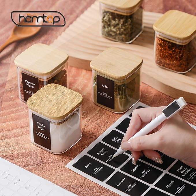 Kitchen Glass Spice Jars 10 Pcs 7 Oz with 275 Labels | Seasoning Empty Containers with Bamboo Lids