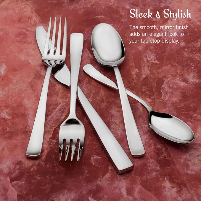 Mikasa Barrett 45-Piece Flatware Set, 18/10 Stainless Steel Silverware Set, Service for 8, Minimalist Square-Tip Handles, Dishwasher Safe