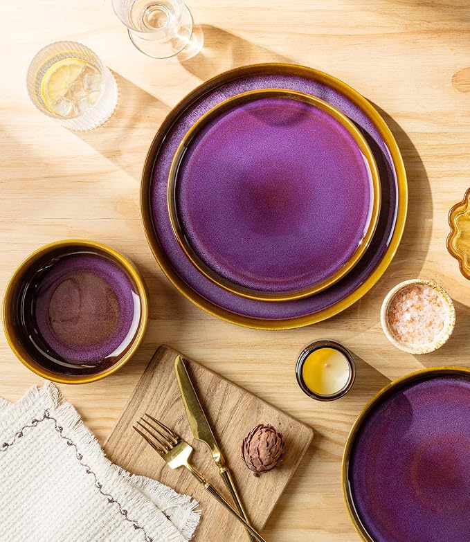 Ceramic Dinnerware Set for 4, 12-Piece Plates and Bowls Set | Handmade Reactive Glaze Dish Set, Scratch Resistant, Oven & Microwave & Dishwasher Safe, Amber Amethyst