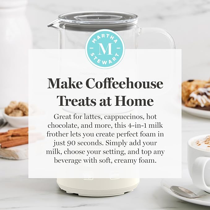 Martha Stewart 10oz Milk Frother & Steamer, 4 Presets, 300ml Glass Pitcher | Light, Dense, Cold Foam & Hot Chocolate, Ready in 90 Seconds, Cordless Pouring, Runs Quiet, Almond, Soy & Oat Milk, Linen
