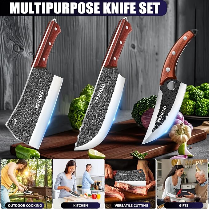 Butcher Knife Set, Hand Forged Meat Cleaver Knife Gift for Men | High Carbon Steel 8PCS Kitchen Knife Set with Sharpener, Ergonomic Handle, Chef Knives Sets for Kitchen Outdoor Cooking BBQ