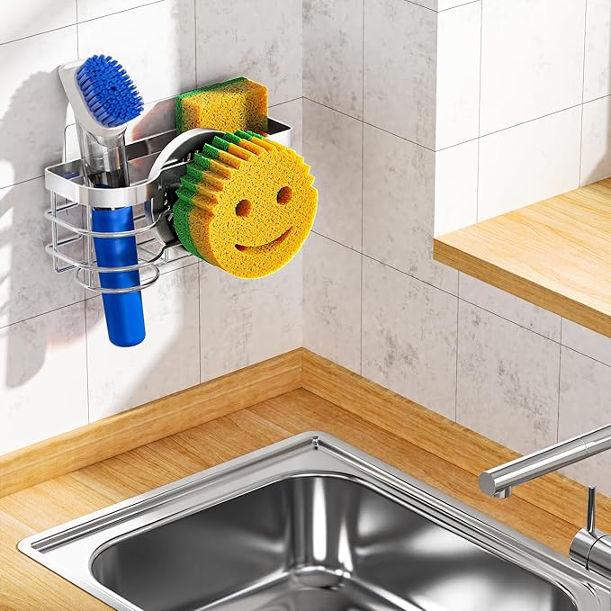 Cisily Smiley Sponge Holder for Kitchen Sink Caddy | Stainless Steel Movable Brush Holder Dish Cloth Hanger, Suction Cup Sink Caddy Organizer Scrubber Accessories (Silver)
