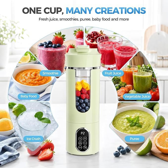 Beyn 530mL Portable Blender, Personal Smoothie Maker, USB-C Cordless, 12 Stainless Steel Blades, Leakproof Travel Cup, Digital One-Touch Self-Clean for Gym Home Office, Green