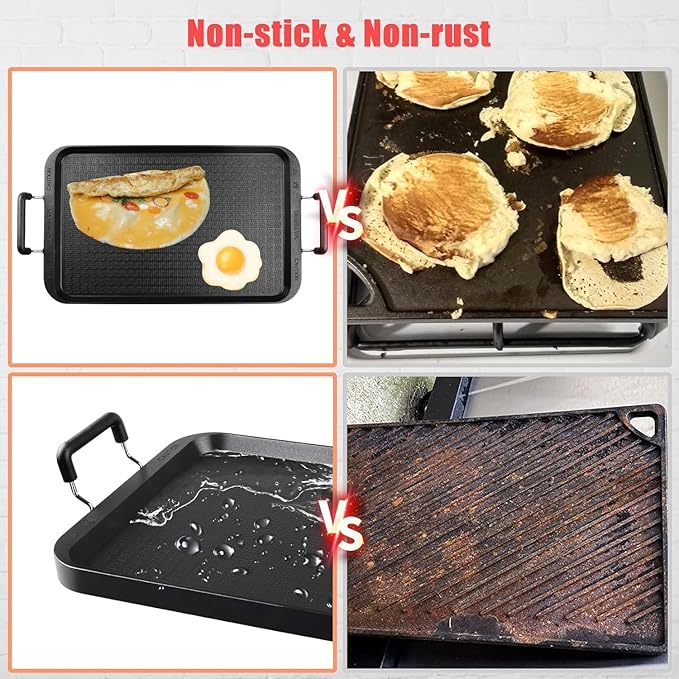 2-Burner Griddle Pan with Glass Lid - Nonstick Stovetop Griddle for Gas & Glass Cooktops - Aluminum Camping Grill Pan for Breakfast (Pancakes/Eggs/Bacon) (22"L x 12"W x 1.77"Th)