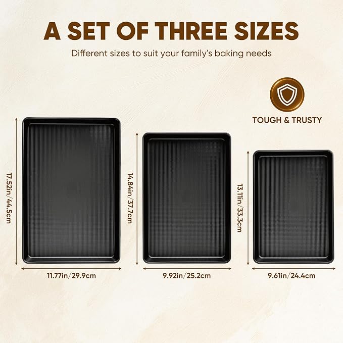 Sakerplus Nonstick Baking Sheet Pan Set of 3, Heavy Duty Cookie Sheets for Oven with Stripe Texture Pattern, 0.6mm Thick Quarter/Half/Jelly Roll Pans, Rust-Resistant & Easy Clean (Black)