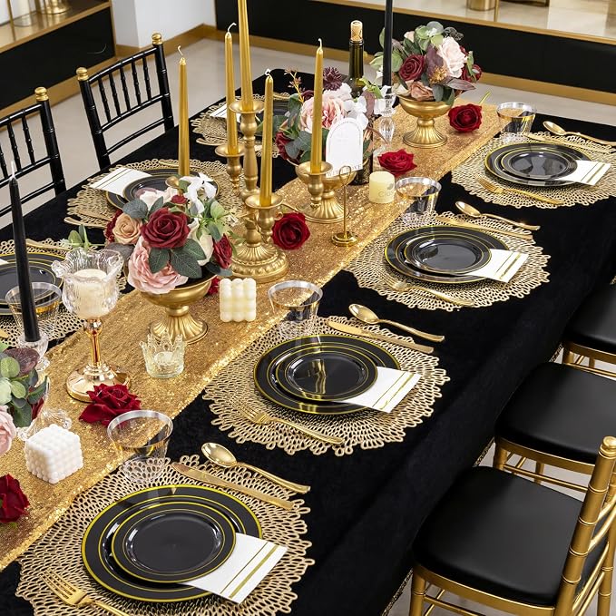 GATHER 350PCS Black Plastic Plates with Gold Rim for Wedding Party | Black and Gold Disposable Dinnerware Set include 100 Plates, 150 Silverware, 50 Napkins, 50 Cups for Birthday Retirement