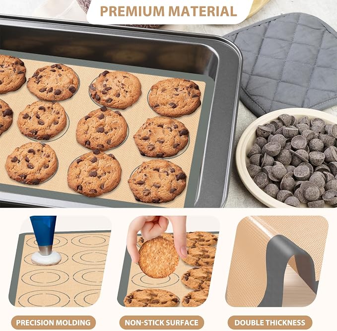 Silicone Baking Mat Set of 6, Nonstick Pastry Mat, Reusable Macaron Silicone Baking Mats & Round Pizza Mat, Cookie Baking Supplies for Macaroons, Pizza