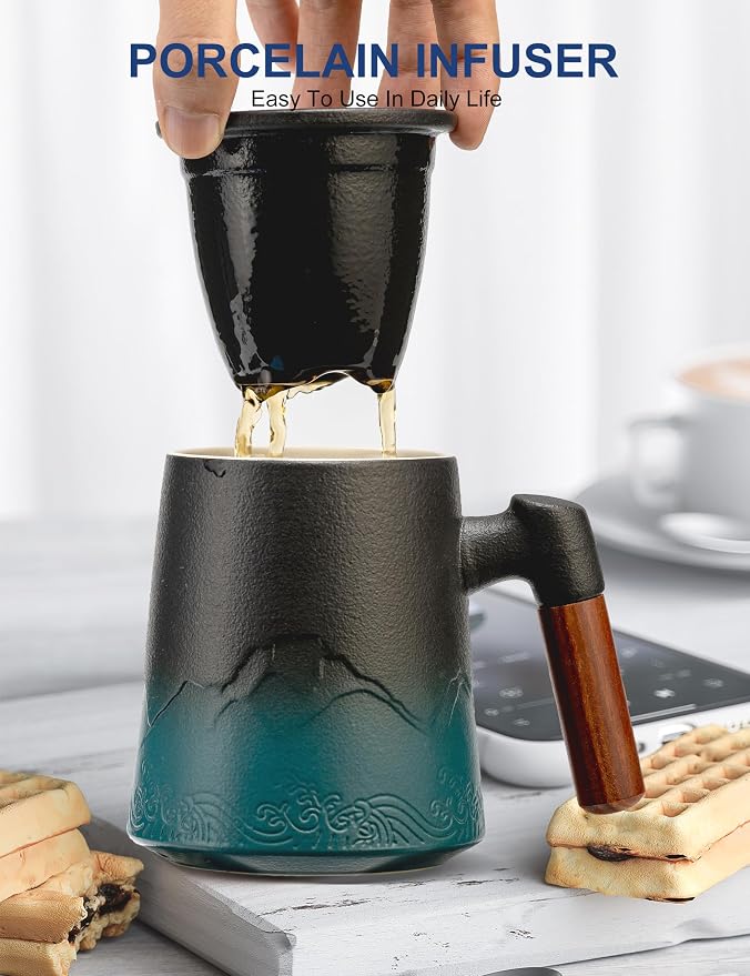 suyika Tea Cup with Infuser and Lid, Gradient Black & Blue, 15.2oz /450ml | Ceramic Mug, Wood Handle, For Loose Leaf Tea